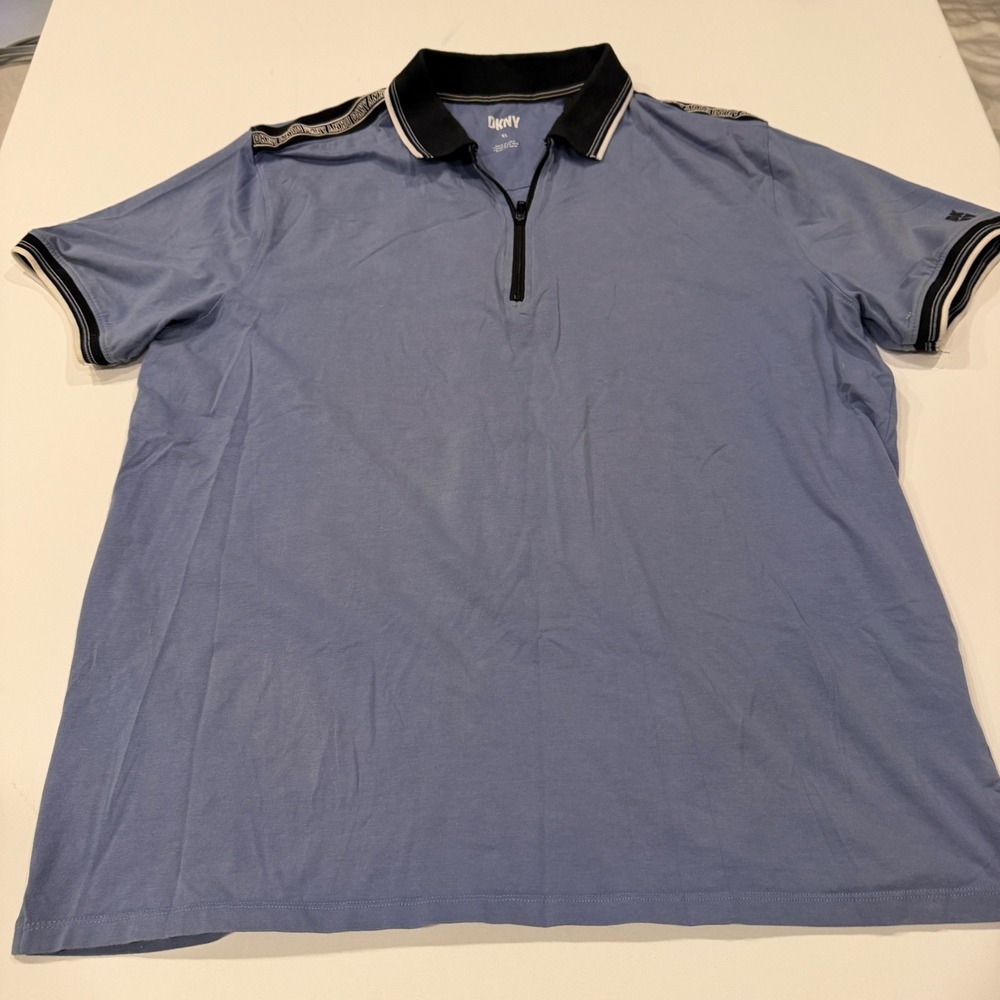 DKNY Men's XL Blue Quarter Zip Polo Logo Tape Y2K Streetwear Golf Shirt
